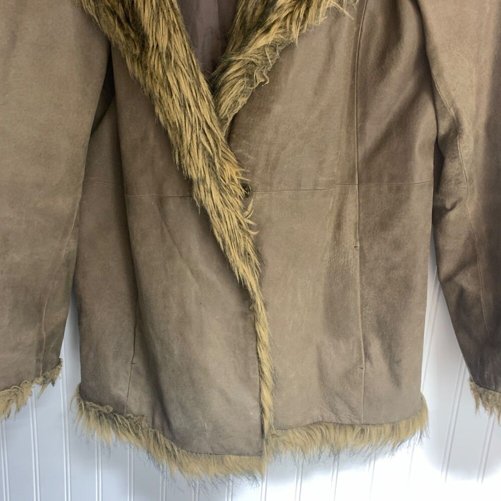 Vintage Newport News Leather Coat Womens M Brown Faux Fur Trim Y2K Boho - Picture 4 of 14